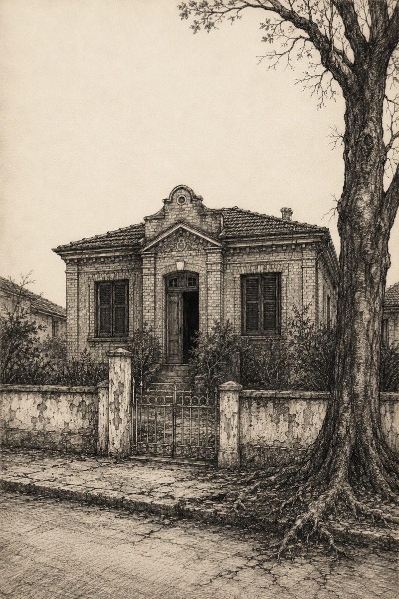Capa do conto O Hóspede: casa antiga de tijolos com a porta entreaberta, em gravura de hachura